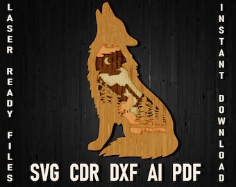 3D wolf svg cut file for laser mashine and glowforge, 4 layers Multilayer mandala wolf with mountain, dxf file for laser cutter machines pdf