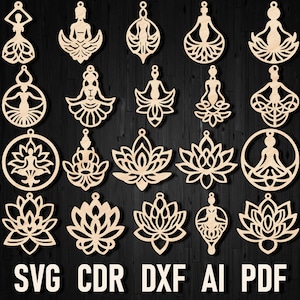 Pendiente de yoga SVG DXF Plantillas de loto cortadas con láser para madera Acrílico Cuero Navidad Chakra Joyería Archivos vectoriales Láser Cricut Glowforge Xtool