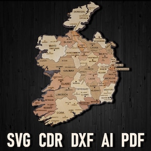 Irland Karte Laser geschnitten svg Datei digitaler Download, Republik Irland cdr pdf glowforge Lasergravurdatei, Holzkarte 3D Puzzle City Map