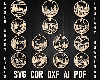 Pacchetto di ornamenti natalizi con animali selvatici, natura e SVG, file tagliati al laser, palline di Natale, decorazioni per alberi, artigianato, palline, download digitale SVG DXF PDF