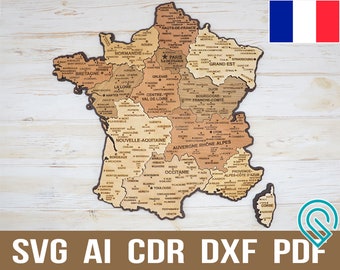Svg France map laser cutting file, French map puzzle, Glowforge Carte de  France, Paris France file instant download dxf pdf, Europe country