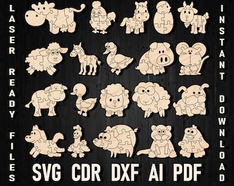 家畜 svg レーザーカットパズル 木製玩具 子供 動物 パズル cnc ジグソーパズル レーザーカット シルエット glowforge 豚 牛 馬 鶏