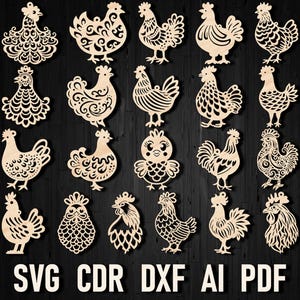 Fichiers Svg de décorations de Noël coq pour découpe laser, poulet poule Glowforge ferme Dxf Cdr découpe laser Machines Cricut & Silhouette Noël