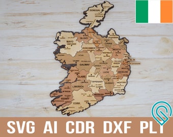Ireland map laser cut svg file digital download, Republic of Ireland cdr pdf glowforge laser engraving file, Wooden map 3D puzzle City Map