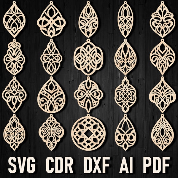 Svg Earrings Bundle (20 designs), Faux Leather Earrings Svg, Glowforge Svg, Laser cut Leather Earrings, Celtic Earring Template cut file