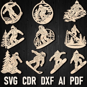 Fichiers de Noël ornement découpé au Laser montagne snowboard Snowboard, Snowboard Mountain Glowforge Bundle, fichier coupe sticker Papercut pour sports d'hiver