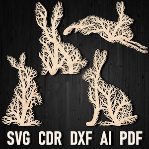 Svg Rabbit Wall Tree Style Art Panel, Rabbit DXF Ornament Digital Vector File For Glowforge Laser and Plasma Cutting, Bunny House Decor