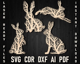 Svg Rabbit Wall Tree Style Art Panel, Rabbit DXF Ornament Digital Vector File For Glowforge Laser and Plasma Cutting, Bunny House Decor