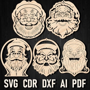 Ornamento de corte a laser Svg de rosto de Papai Noel, ornamento de Glowforge de cabeça de Papai Noel de Natal, decalque de Papai Noel vetor decoração de casa arquivo de corte diy dxf pdf