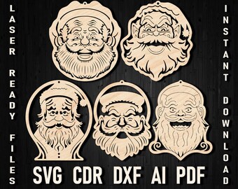 Santa Claus Face Svg Laser Cut Ornament, Christmas Santa Head Glowforge Ornament, Santa Claus Decal Vector Home Decor Diy Cut File dxf pdf