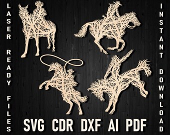 Cowboy Rodeo Tree Style Wall Decor Ornament Svg Laser Cut Files, Western Cowboy Riding Horse Dxf Horse Svg, Glowforge Man riding horse svg