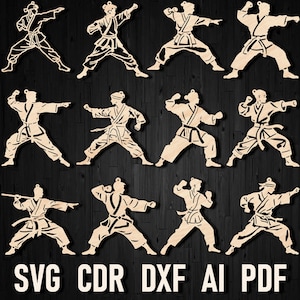 Bundle d'ornement de Noël karaté fichiers découpés au laser SVG, ornement en bois de taekwondo, conception de vecteur d'arts martiaux, fichiers Xtool Kung Fu Dxf ready