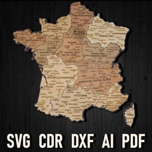 Fichier de découpe laser de carte Svg France, puzzle de carte Français, Glowforge Carte de France, Paris France fichier téléchargement instantané dxf pdf, pays d'Europe