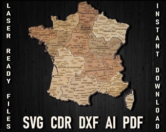 Svg France map laser cutting file, French map puzzle, Glowforge Carte de France, Paris France file instant download dxf pdf, Europe country