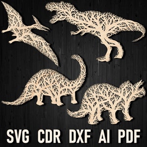Dinosaurier Baum SVG Wand Laser Cut DXF CDR Digitale Vektordatei zum Glowforge Ornament Schneiden, Dinosaurier 3D Cut Wand Baum Dekor Silhouette