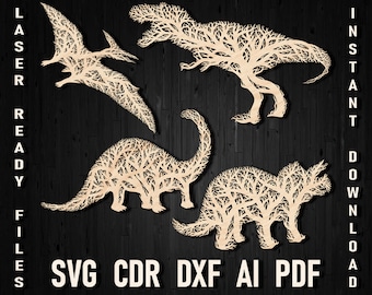 Dinosaurs Tree Svg Wall Laser Cut DXF CDR Digital Vector File For Glowforge Ornament Cutting, Dinosaur 3D Cut Wall Tree Decor Silhouette