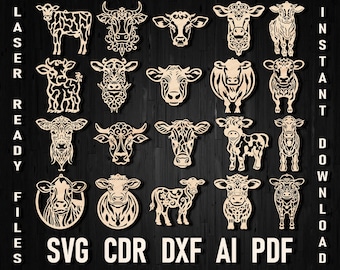 Adorno navideño de vaca Svg, archivo de corte láser, plantilla láser DXF de animal de granja con mandala de ternero, vector de vaca de las tierras altas para Glowforge XTool Lightburn