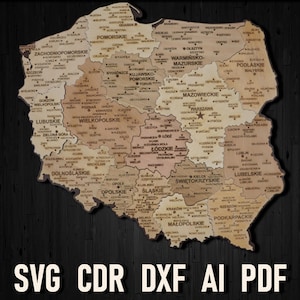 Polen Karte digitale Datei für Laserschnitt, Puzzle Karte dxf pdf, Glowforge Mapa Polski pdf, Kunstwerk Landkarte Wandkunst