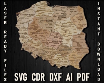 Poland map digital file for laser cutting, Polish Puzzle map dxf pdf travel map, Glowforge Mapa Polski pdf, Artwork Country Map wall art