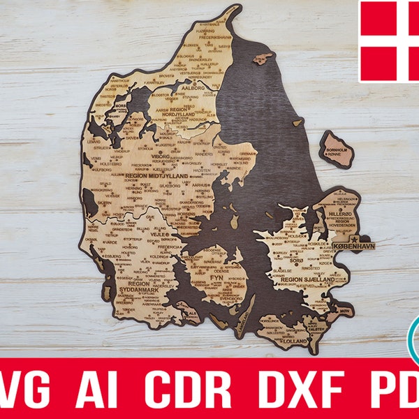 Dänemark Karte Laser cut SVG Datei digitaler Download, Danmark cdr pdf Glowforge Lasergravur Datei, Holz Karte 3D Puzzle Stadtplan