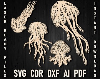 SVG クラゲの木の花柄の壁アートパネル装飾、レーザーカット用、海事ペーパーカット、Cricut CNC マシン用 SVG ファイルのカット用