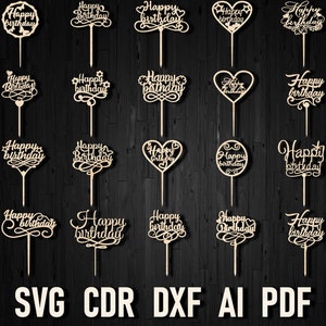 Happy birthday cake topper laser cut file, Birthday Party decoration svg file for Silhouette and Cricut Vector Birthday CNC Cake topper dxf