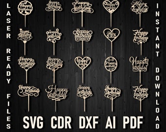 File di taglio laser per torte di buon compleanno, file in formato svg di decorazione festa di compleanno per Silhouette e Cricut Vector Birthday CNC Cake topper dxf