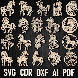 Kerst paard ornamenten SVG bundel voor Lightburn Lasergesneden bestanden Papercut paard gesneden digitale silhouet decor voor multiplex CNC-machines Dxf