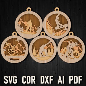 Snowboarding Weihnachten mehrschichtige SVG-Datei Laserschneiden und Glühschmieden, Snowboarder Cricut Cut Dateien, Berglandschaft Ski Man CDR Dateien