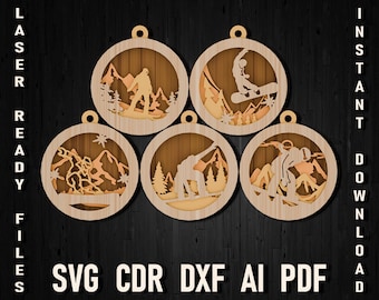 Snowboarding christmas multilayer svg file laser cutting and glowforge, Snowboarder cricut cut files, mountain landscape Ski Man cdr files