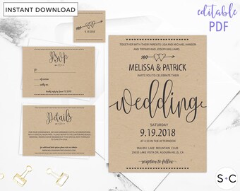 rustic wedding invitation template etsy