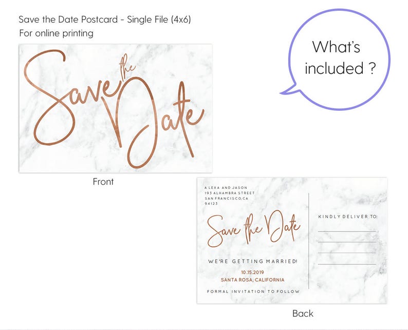 Save the Date Save the Date Cards Save the Date Template Printable and Editable Marble and Copper Save the Date Postcard Template