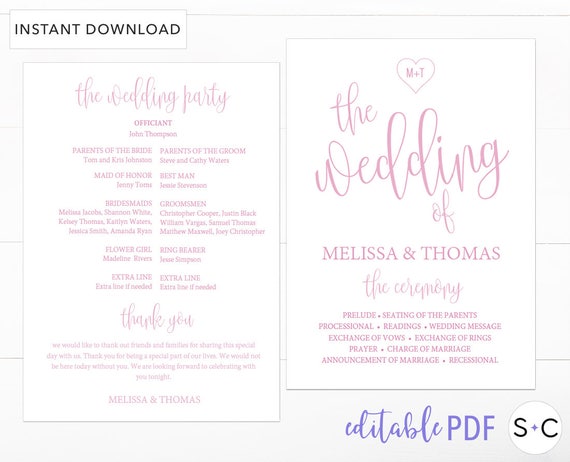blush wedding program template blush wedding program wedding etsy