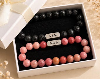 Custom Crystal Couple Bracelets, 4 Side Engraved Matching Bracelets, Personalzied Mens Gemstone Bracelet, Boyfriend Girlfriend Gift