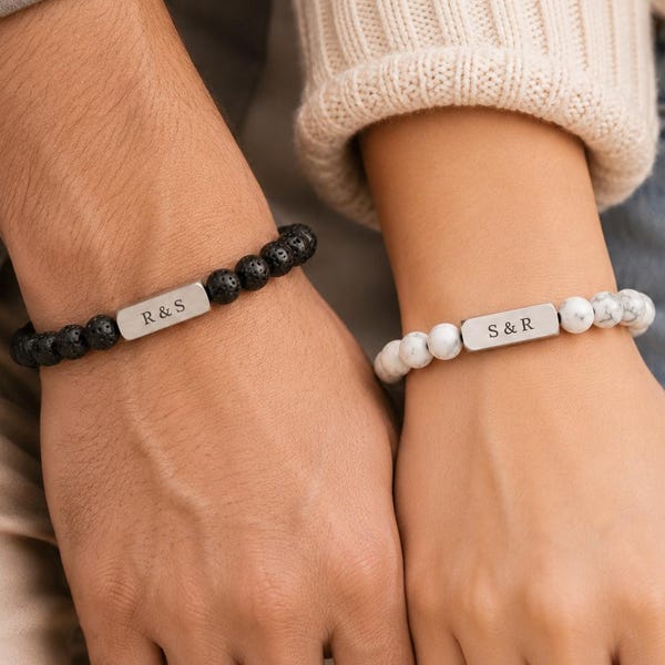 Personalized Engraved Gemstone Couples Bracelets, Matching Healing Stone Set, Anniversary Gift for Him Her, Date Initials Bracelet