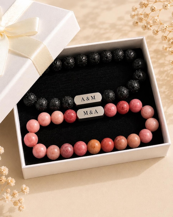 Custom Crystal Couple Bracelets, 4 Side Engraved Matching Bracelets, Personalzied Mens Gemstone Bracelet, Boyfriend Girlfriend Gift