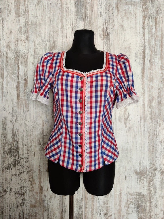 Red Blue Gingham Top Dirndl Blouse Crop Folk Festi