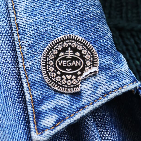 REDUCED / Vegan Biscuit Badge / Enamel Pin / Present / Vegetarian