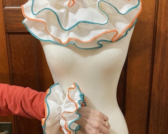 White with teal and orange Adult Clown Collar and Cuffs  - Ruffle