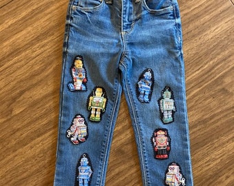 Toddler ROBOT patched upcycle  boho jeans