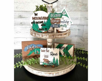 Hiking Decor/ Hiking Tiered Tray Decor/ Outdoor Tiered Tray Decor/ Tiered Tray Signs/ Mini Wood Signs/ 3D Mini Signs/ Summer Decor/Farmhouse