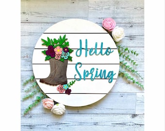 Hello Spring Door Hanger/ 3d Door Hanger/ Floral Door Hanger/ Spring Decor/ Wood Flowers Decor/ Spring Door Hanger/ Mother's Day Gift