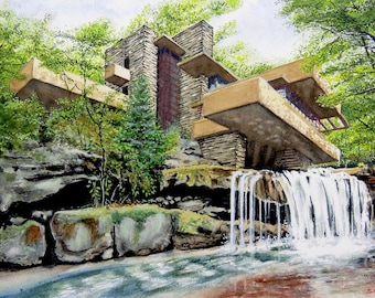 Fallingwater, Frank Lloyd Wright, Watercolor Painting, Print, Bear