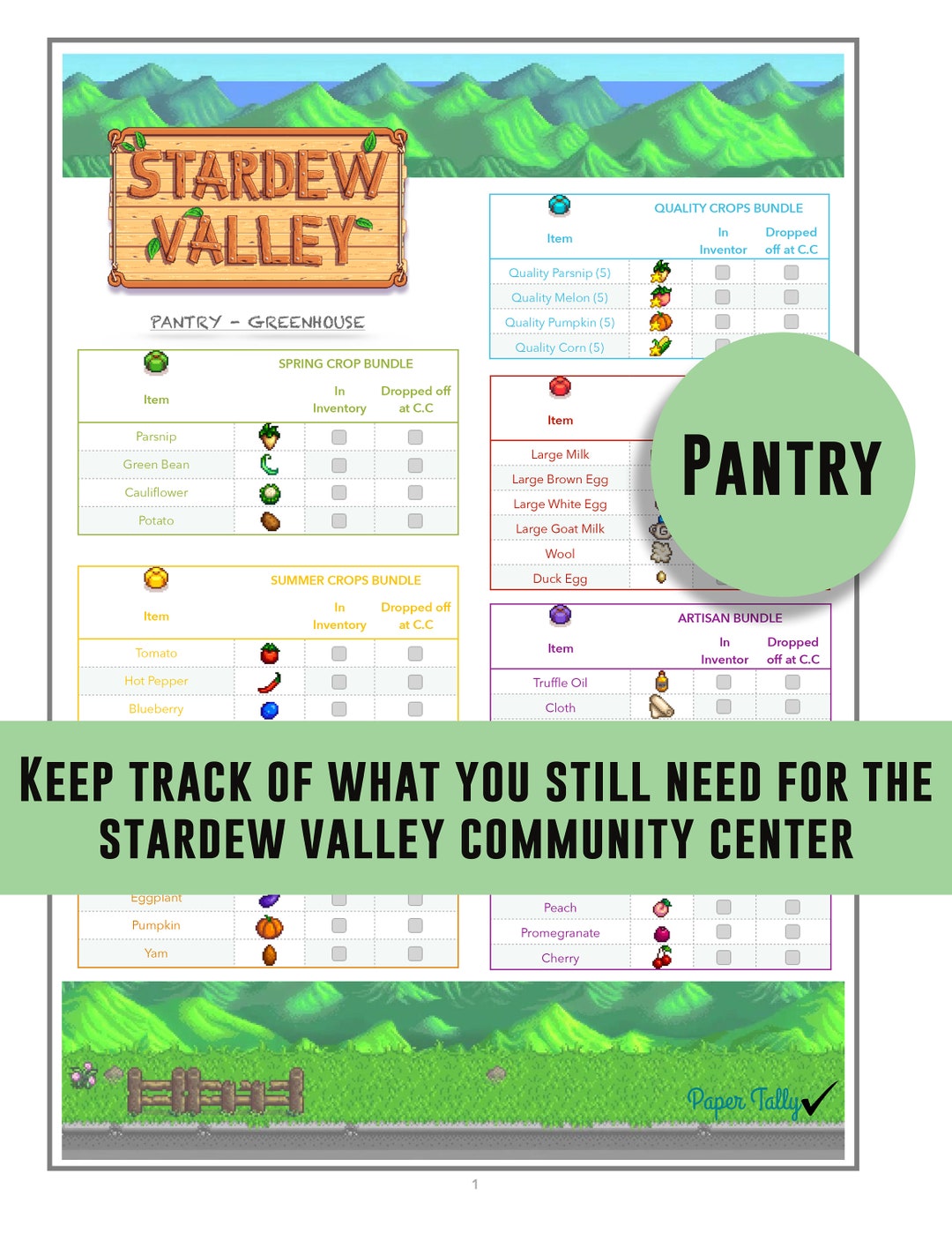 Stardew Valley, Checklist, Pantry Bundle, Community Center, Items