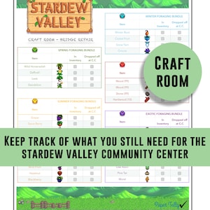 Peut inclure: Liste de contrôle imprimable pour les joueurs de Stardew Valley afin de suivre leur progression dans le jeu. La liste de contrôle comprend une liste des objets nécessaires pour le Centre communautaire, ainsi qu'une liste des objets nécessaires pour la salle d'artisanat. La liste de contrôle est organisée par saison et comprend une section pour chaque type d'objet.