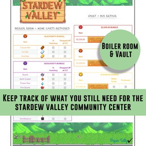 Puede incluir: Una lista de verificación imprimible para el videojuego Stardew Valley. La lista de verificación está dividida en secciones para la sala de calderas, la bóveda, el paquete de herrero, el paquete de geólogo y la esencia del vacío. La lista de verificación incluye casillas de verificación para cada artículo necesario para completar los paquetes.