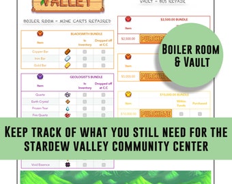 Stardew Valley, checklist, vault and boiler room bundle, community center, items, tracking list, game check list, item list