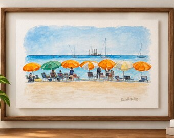 Original Beach Umbrella Watercolor Painting | Coastal Wall Art | Seaside Beach Painting | Hand Painted Artwork | Floating Style Mat