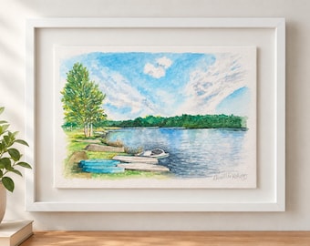 Original Watercolor Painting, Lakeside Landscape, Lake & Boats, Summer Lake Art, 9x12 Original Art