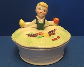 Ucagco Covered Serving  Dish - Beautiful Blonde Young Lady Wears Green Tunic & Skirt Spreads Out Serving as Top to Serving Dish - Beautiful!